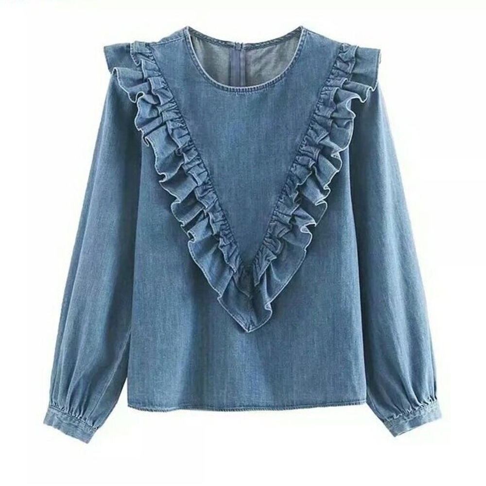 Zara Blue Denim Ruffle V-Front Blouse